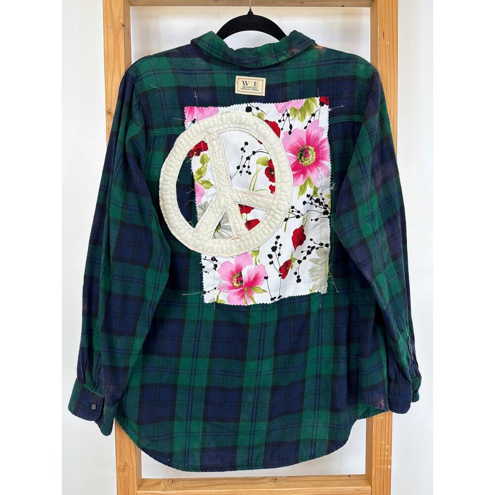 NWT OOAK Wanders Edge Handmade Embellished Flannel Shirt with Peace Sign - Picture 5 of 8